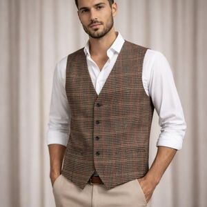 Zara Mens Houndstooth Plaid Waistcoat Vest Medium Tweed Style Dress Vest Brown